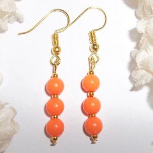 Neon Orange and Gold Earrings Fashion Jewelry Dangle Beaded Handmade Sleek 6772